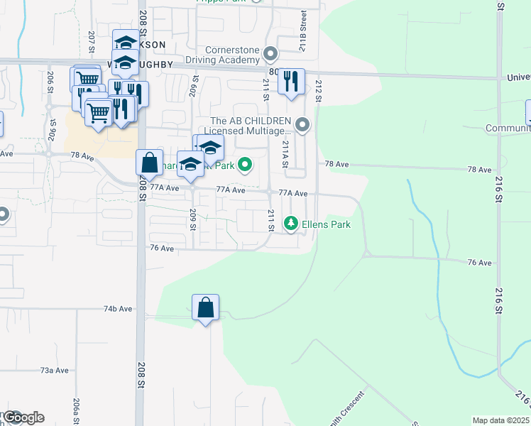 map of restaurants, bars, coffee shops, grocery stores, and more near 21063 76A Avenue in Langley