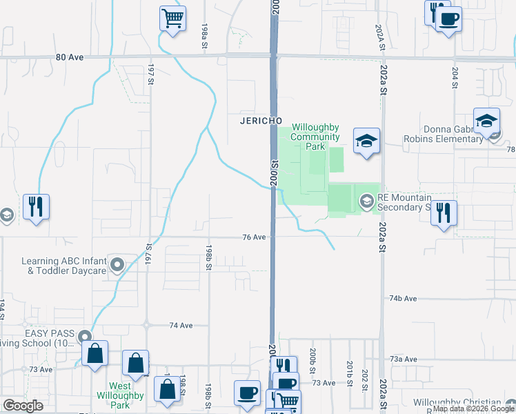 map of restaurants, bars, coffee shops, grocery stores, and more near 19958 77 Avenue in Langley Township