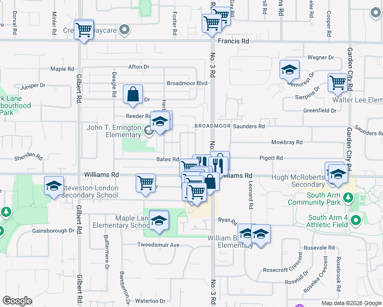 map of restaurants, bars, coffee shops, grocery stores, and more near 7700 Bates Road in Richmond