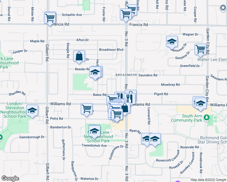map of restaurants, bars, coffee shops, grocery stores, and more near 9911 Bates Road in Richmond