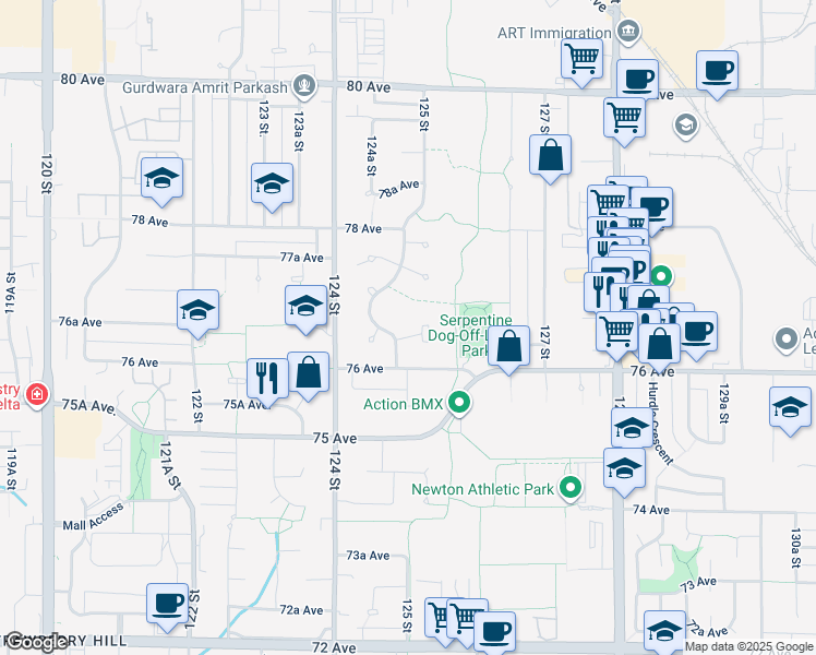 map of restaurants, bars, coffee shops, grocery stores, and more near 12513 76A Avenue in Surrey