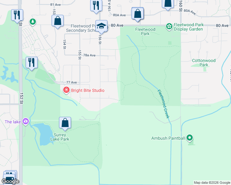 map of restaurants, bars, coffee shops, grocery stores, and more near 7669 157 Street in Surrey