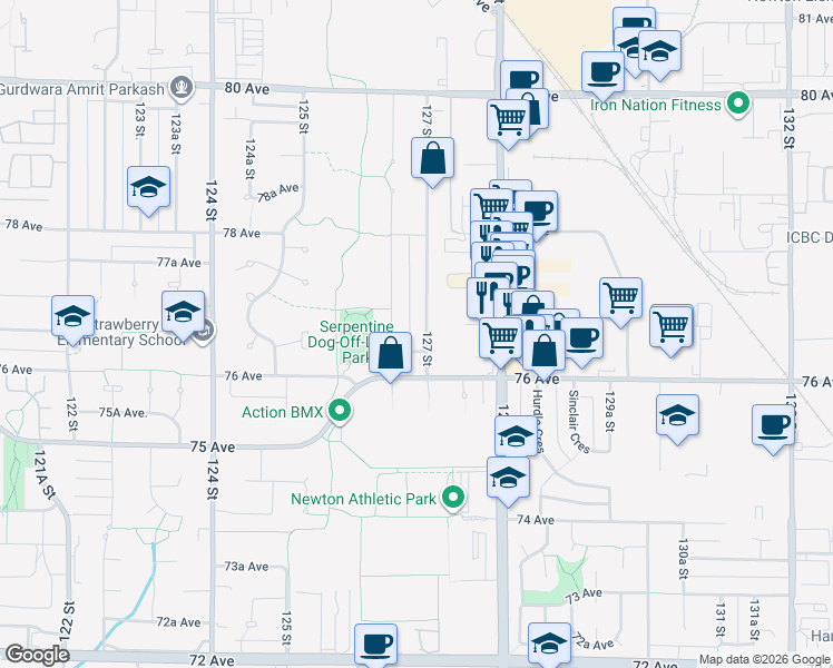 map of restaurants, bars, coffee shops, grocery stores, and more near 7663 127 Street in Surrey