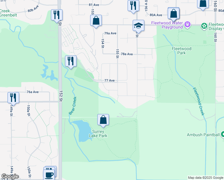 map of restaurants, bars, coffee shops, grocery stores, and more near 15441 76B Avenue in Surrey