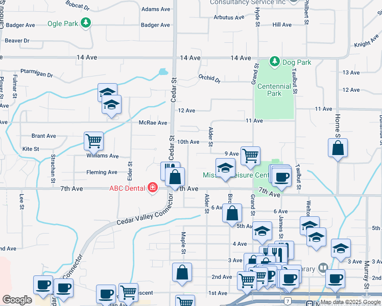 map of restaurants, bars, coffee shops, grocery stores, and more near 7710 Juniper Street in Mission