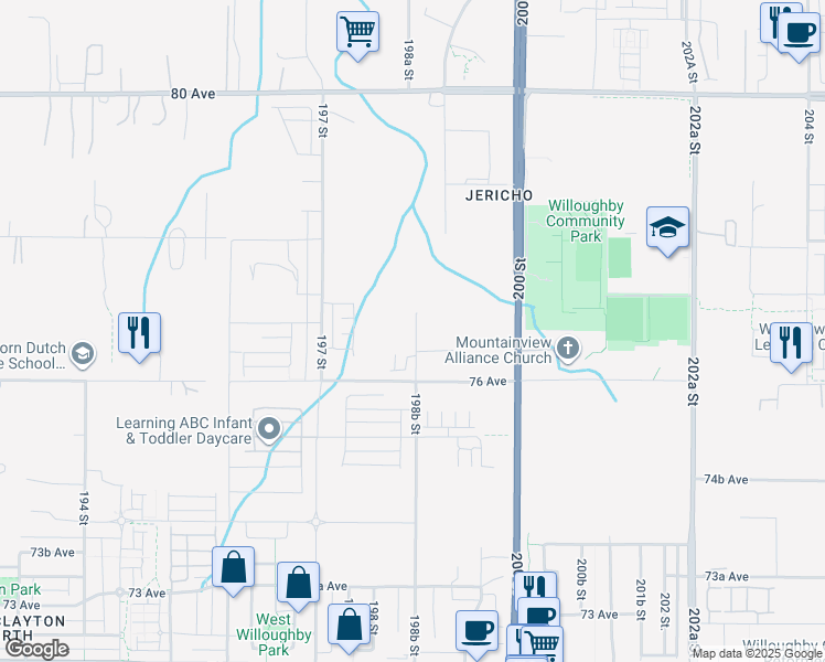 map of restaurants, bars, coffee shops, grocery stores, and more near 7661 198B Street in Langley Township