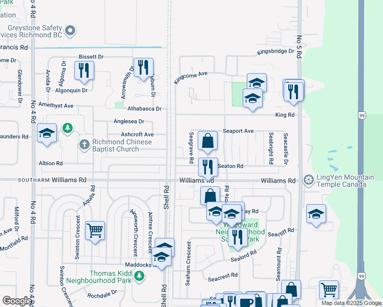 map of restaurants, bars, coffee shops, grocery stores, and more near 9811 Seagrave Road in Richmond