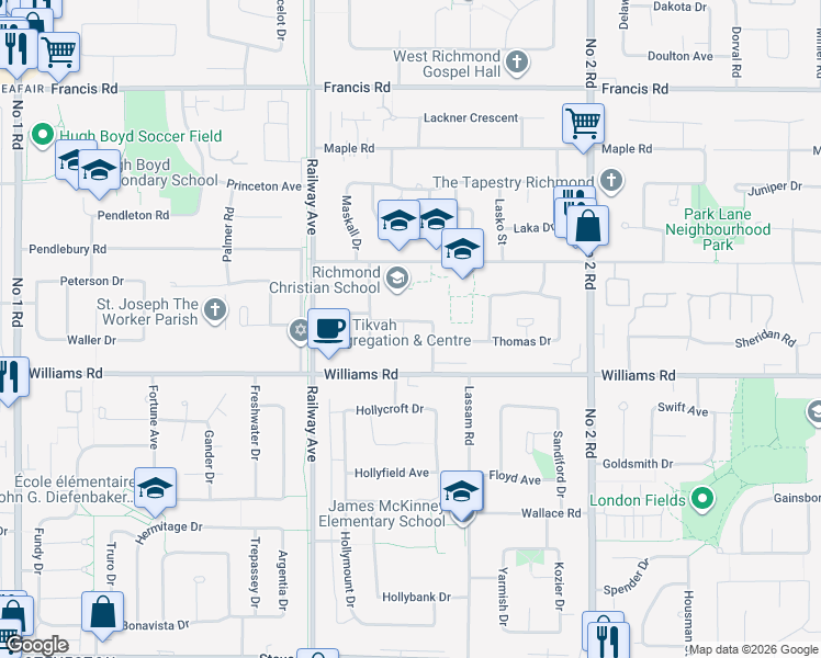 map of restaurants, bars, coffee shops, grocery stores, and more near 9711 Haddon Court in Richmond