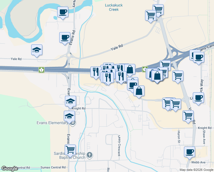 map of restaurants, bars, coffee shops, grocery stores, and more near 45300 Luckakuck Way in Chilliwack