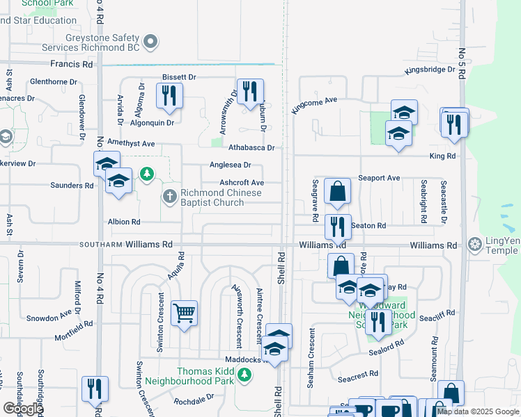map of restaurants, bars, coffee shops, grocery stores, and more near 10820 Anahim Drive in Richmond