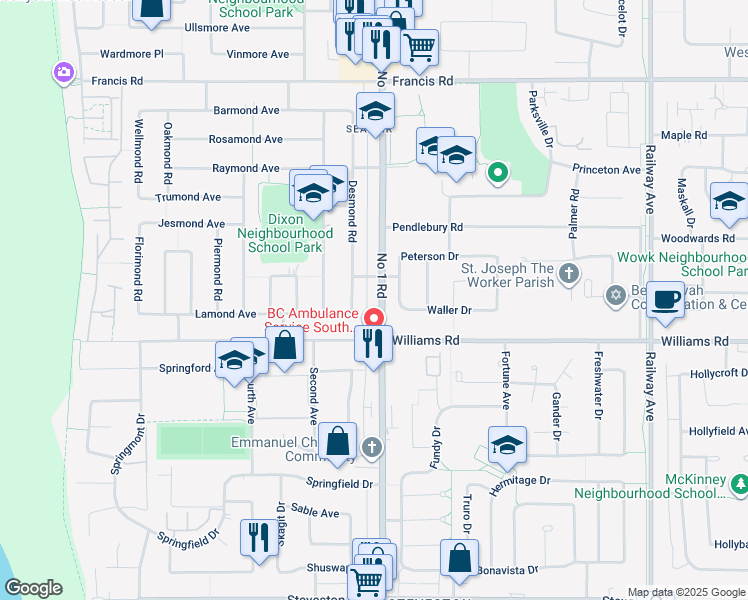 map of restaurants, bars, coffee shops, grocery stores, and more near 9651 Number 1 Road in Richmond