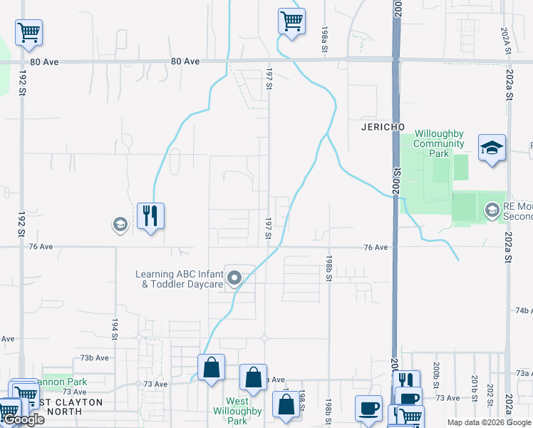 map of restaurants, bars, coffee shops, grocery stores, and more near 7661 197 Street in Langley Township