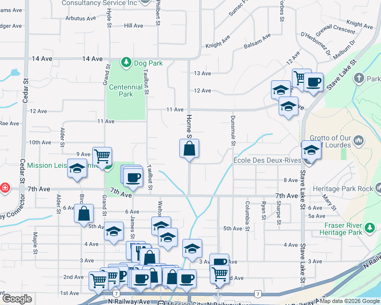 map of restaurants, bars, coffee shops, grocery stores, and more near 7706 Horne Street in Mission