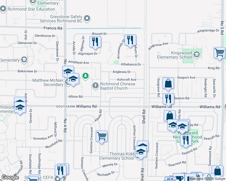 map of restaurants, bars, coffee shops, grocery stores, and more near 10580 Anahim Drive in Richmond