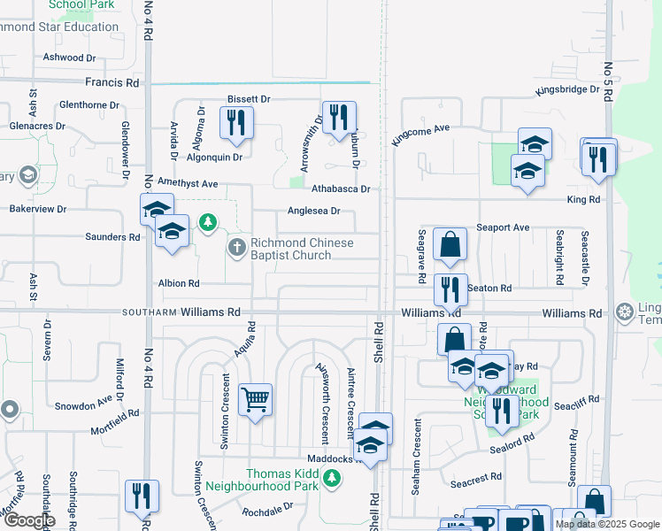 map of restaurants, bars, coffee shops, grocery stores, and more near 10740 Anahim Drive in Richmond