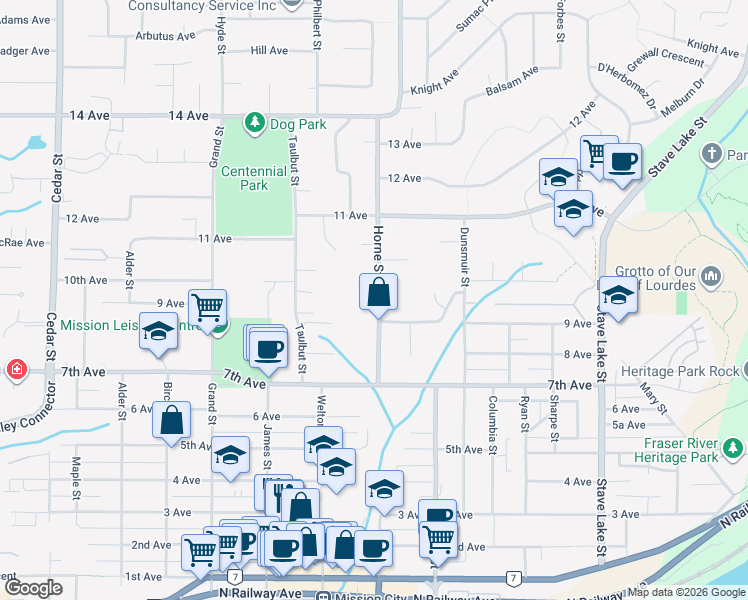 map of restaurants, bars, coffee shops, grocery stores, and more near 7701 Horne Street in Mission
