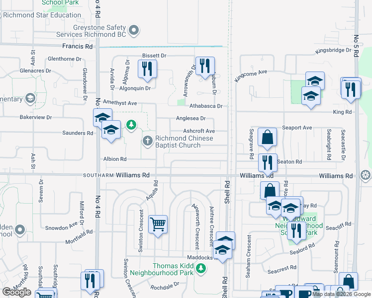map of restaurants, bars, coffee shops, grocery stores, and more near 10640 Anahim Drive in Richmond