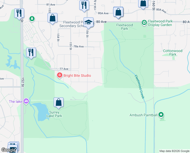 map of restaurants, bars, coffee shops, grocery stores, and more near 7672 156 A Street in Surrey