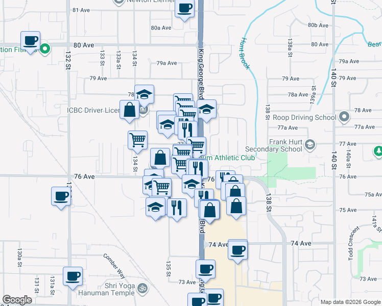 map of restaurants, bars, coffee shops, grocery stores, and more near 7615 King George Boulevard in Surrey