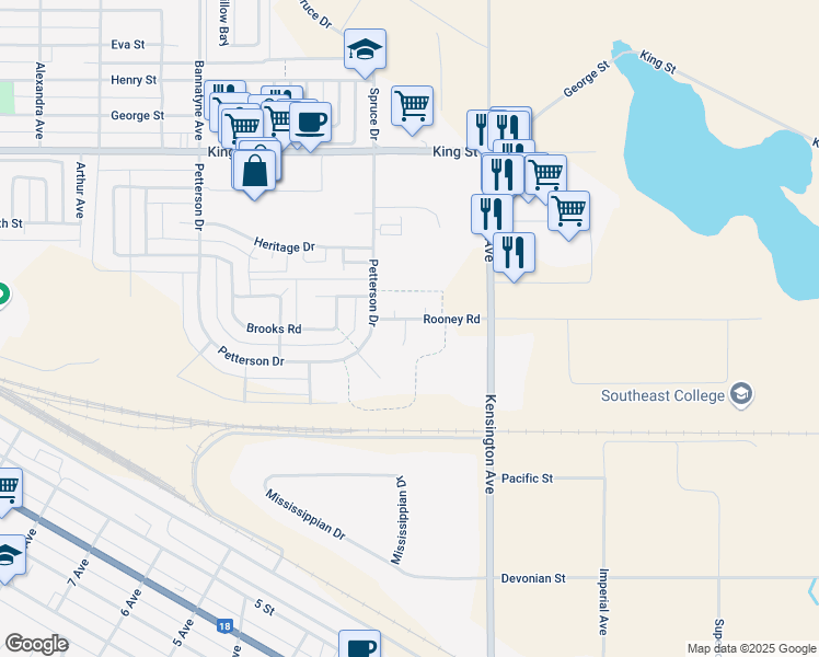 map of restaurants, bars, coffee shops, grocery stores, and more near 297 Symons Bay in Estevan