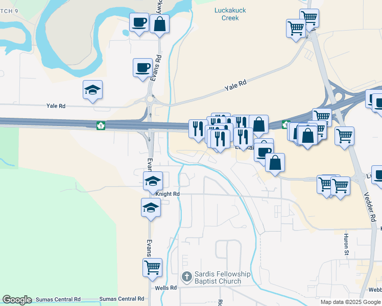 map of restaurants, bars, coffee shops, grocery stores, and more near 7715 Luckakuck Place in Chilliwack