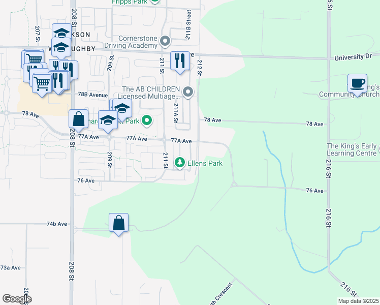 map of restaurants, bars, coffee shops, grocery stores, and more near 7710 211B Street in Langley