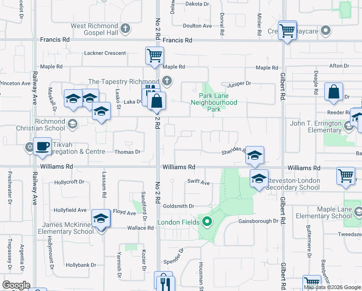 map of restaurants, bars, coffee shops, grocery stores, and more near 6111 Sheridan Road in Richmond