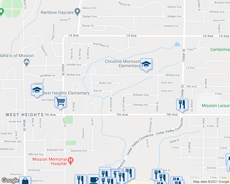 map of restaurants, bars, coffee shops, grocery stores, and more near 32450 Grebe Crescent in Mission
