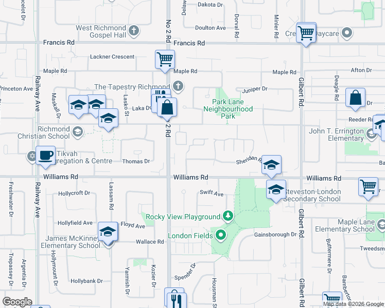 map of restaurants, bars, coffee shops, grocery stores, and more near 6100 Woodwards Road in Richmond