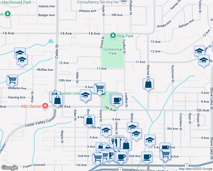 map of restaurants, bars, coffee shops, grocery stores, and more near 7740 Grand Street in Mission