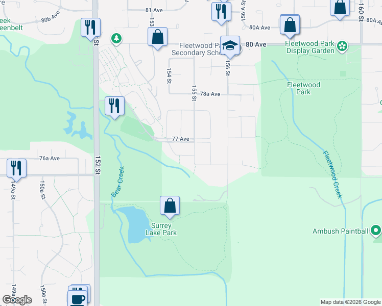map of restaurants, bars, coffee shops, grocery stores, and more near 7667 155 Street in Surrey