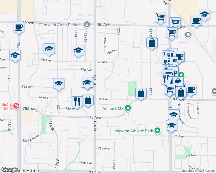 map of restaurants, bars, coffee shops, grocery stores, and more near 7662 125 Street in Surrey