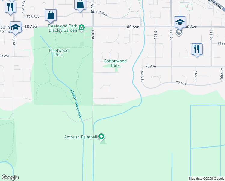 map of restaurants, bars, coffee shops, grocery stores, and more near 7672 161 Street in Surrey