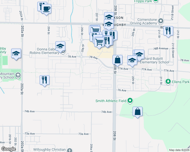 map of restaurants, bars, coffee shops, grocery stores, and more near 20683 76B Avenue in Langley Township
