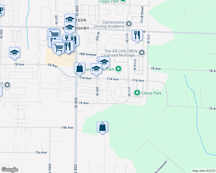 map of restaurants, bars, coffee shops, grocery stores, and more near in Langley Township