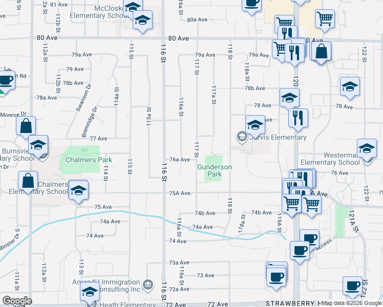 map of restaurants, bars, coffee shops, grocery stores, and more near 7653 117 Street in Delta