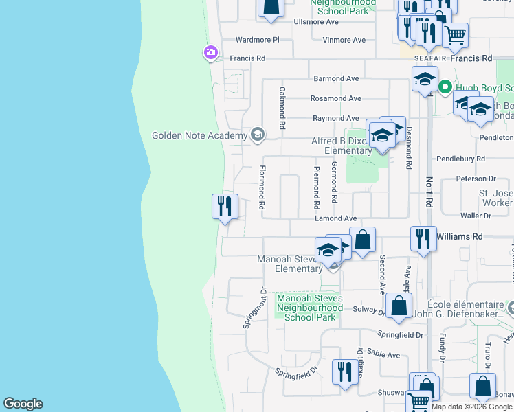 map of restaurants, bars, coffee shops, grocery stores, and more near 9591 Florimond Road in Richmond