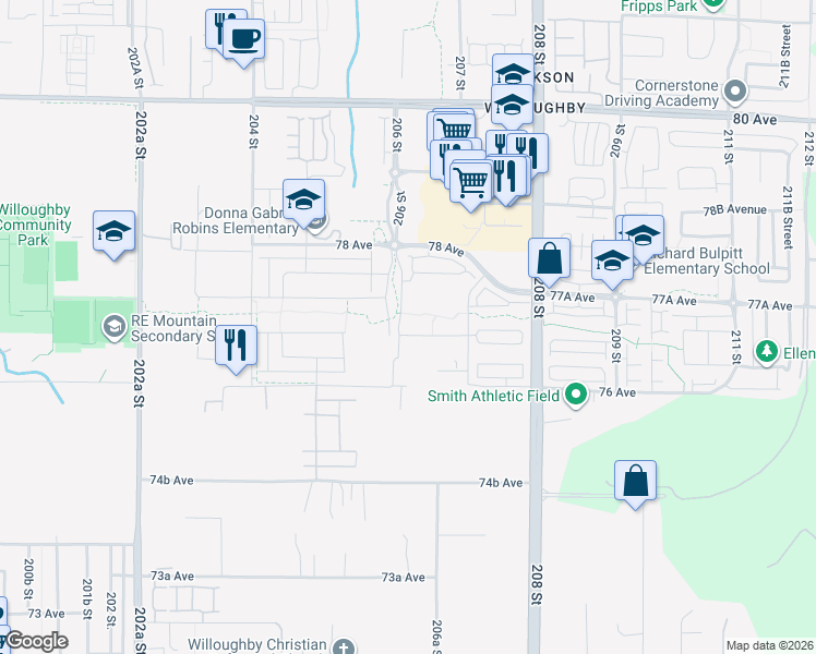 map of restaurants, bars, coffee shops, grocery stores, and more near 20617 76B Avenue in Langley Township