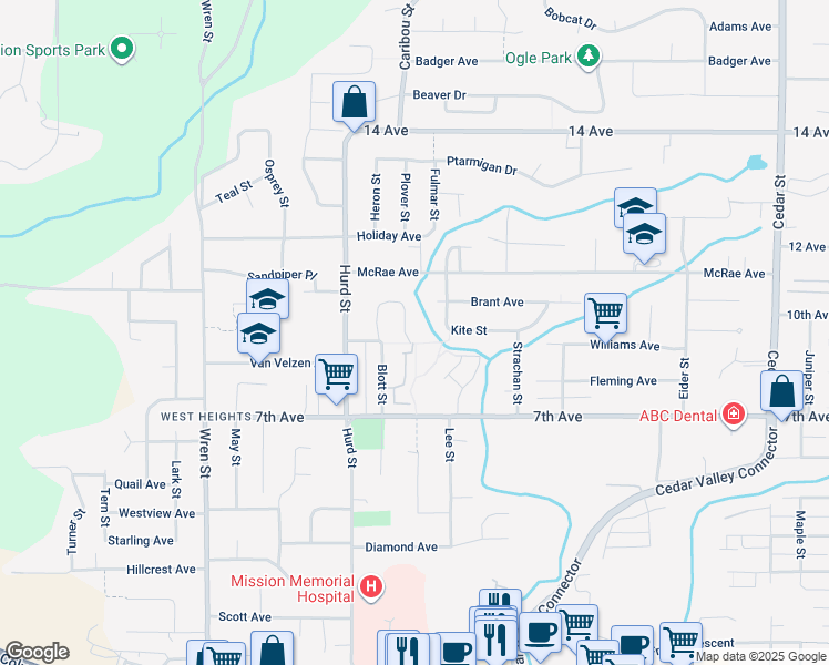 map of restaurants, bars, coffee shops, grocery stores, and more near 7710 Swift Drive in Mission
