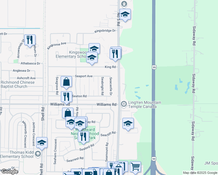 map of restaurants, bars, coffee shops, grocery stores, and more near 9871 Seacastle Drive in Richmond