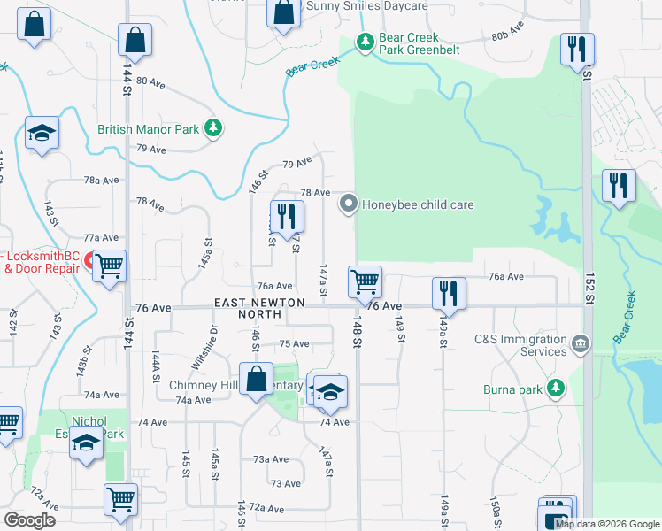 map of restaurants, bars, coffee shops, grocery stores, and more near 7658 147A Street in Surrey