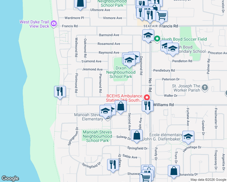 map of restaurants, bars, coffee shops, grocery stores, and more near 9291 Kirkmond Crescent in Richmond