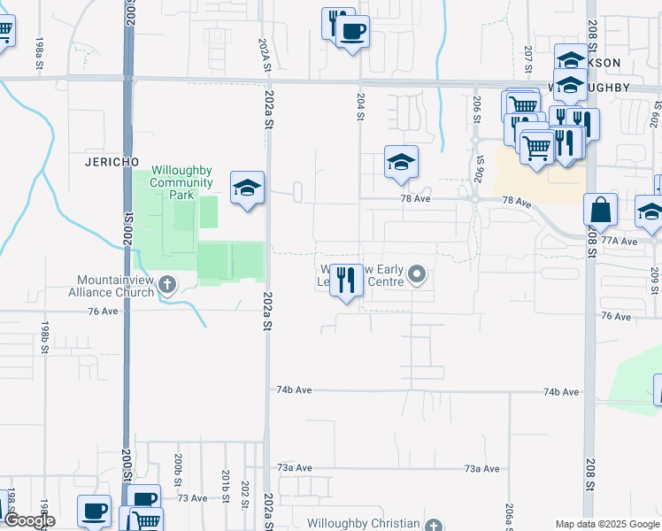 map of restaurants, bars, coffee shops, grocery stores, and more near 20343 76B Avenue in Langley Township
