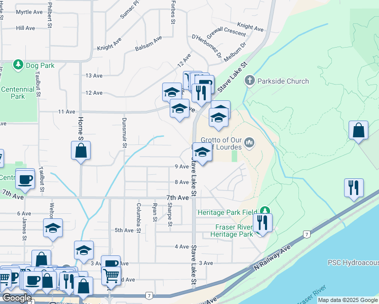 map of restaurants, bars, coffee shops, grocery stores, and more near 7729 Stave Lake Street in Mission