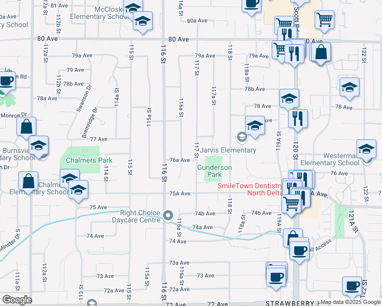 map of restaurants, bars, coffee shops, grocery stores, and more near 7655 117 Street in Delta