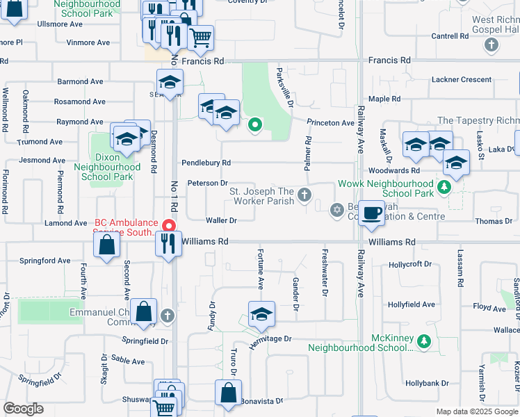 map of restaurants, bars, coffee shops, grocery stores, and more near 4495 Peterson Drive in Richmond