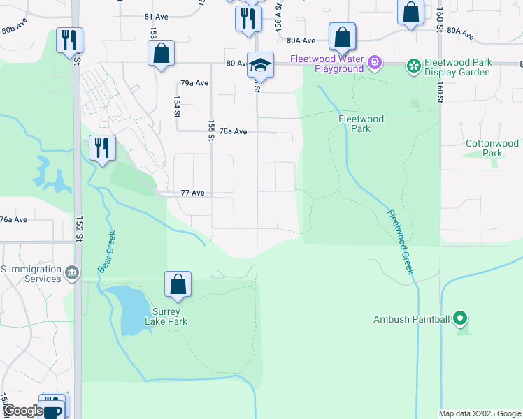 map of restaurants, bars, coffee shops, grocery stores, and more near 7670 156 Street in Surrey