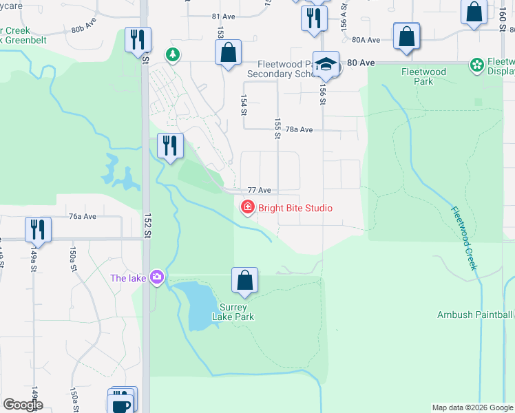 map of restaurants, bars, coffee shops, grocery stores, and more near 15441 76B Avenue in Surrey