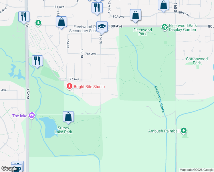 map of restaurants, bars, coffee shops, grocery stores, and more near 7671 156 A Street in Surrey