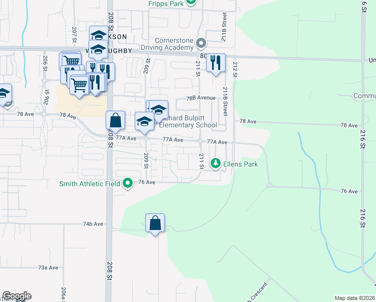 map of restaurants, bars, coffee shops, grocery stores, and more near 21037 77 Avenue in Langley Township